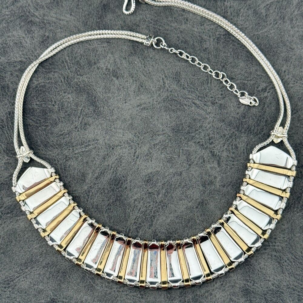 Vintage Monet Silver-Gold-Tone Etruscan Style Bib Collar Necklace Boho Tribal - Picture 10 of 14